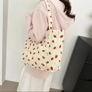 Strawberry Print Corduroy Tote Bag Cream and Red